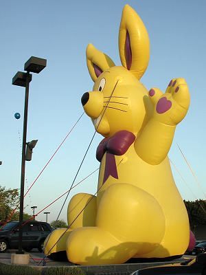 Yellow rabbit with purple paws sells Suzukis.
